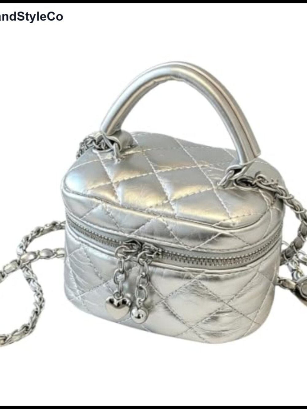 Silver Quilted Mini Box Crossbody Bag Metallic Purse Chain Strap Evening Clutch